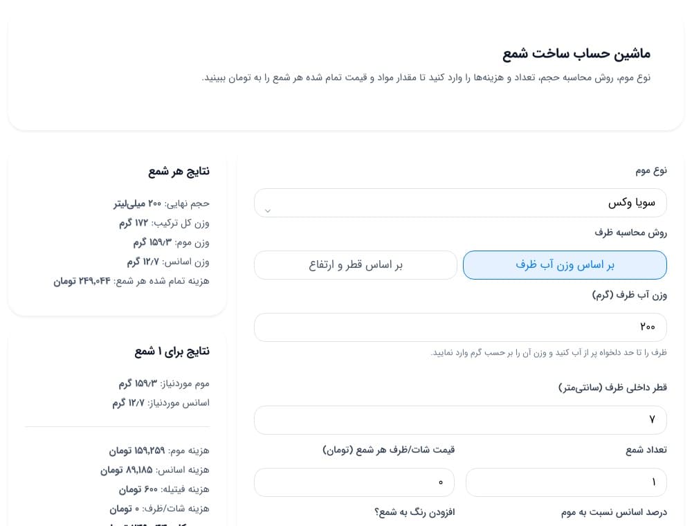 ماشین حساب شمع سازی؛ محاسبه پارافین، اسانس، فیتیله و قیمت تمام‌شده